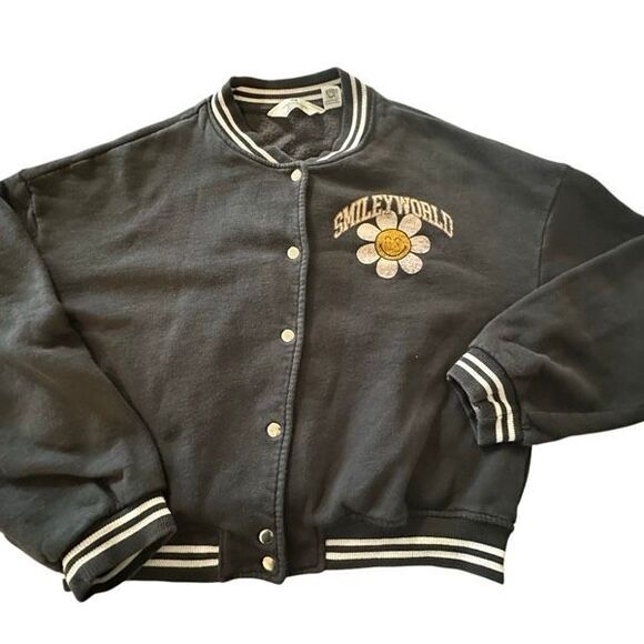 H&M Kid's Dark Gray SmileyWorld Printed Sweatshirt Baseball Jacket Size 12/14 - Picture 1 of 4